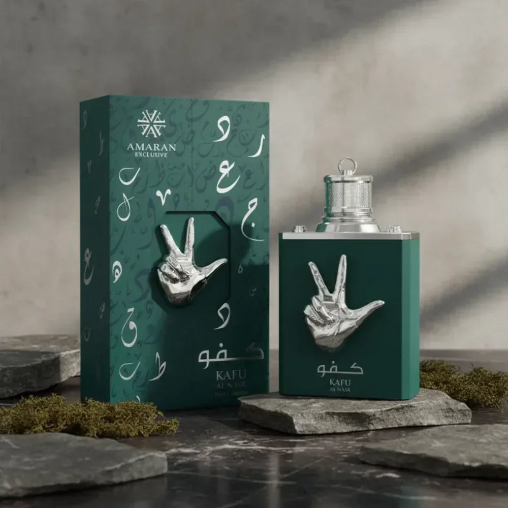 Exklusives Luxusparfum Kafu Al Nasr mit silberner Hand-Dekoration und grüner Verpackung