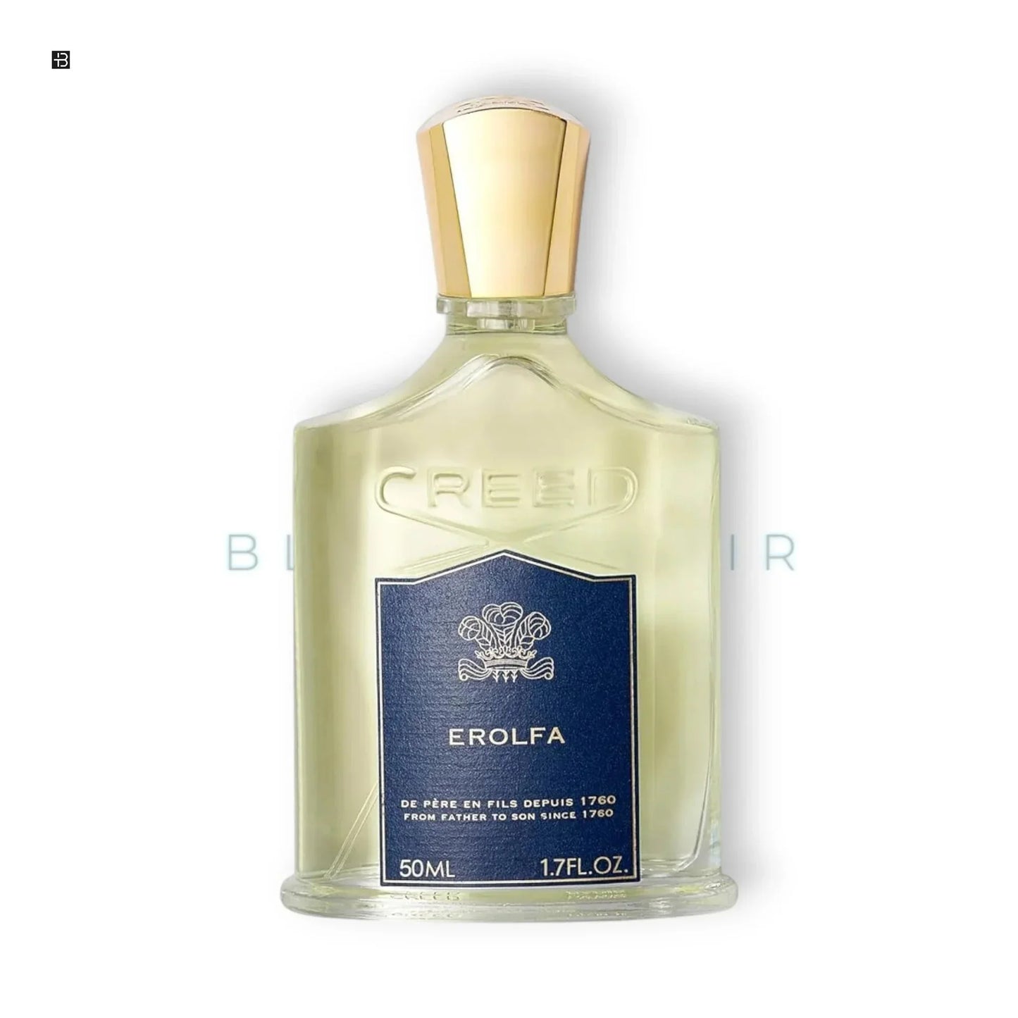 Luxusparfum Flakon CREED Erolfa 50ml mit goldener Verschlusskappe auf weiĂem Hintergrund
