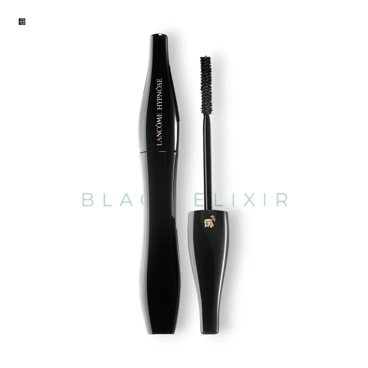 Schwarze Mascara mit Applikator, elegantes Design auf weißem Hintergrund, Beauty Produkt