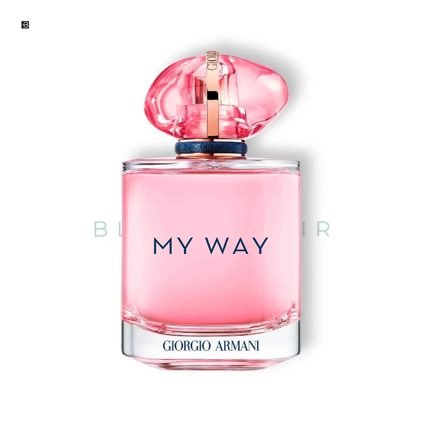 Elegantes Damenparfum in durchsichtigem Flakon mit pinker FlĂŒssigkeit und goldfarbenem Verschluss