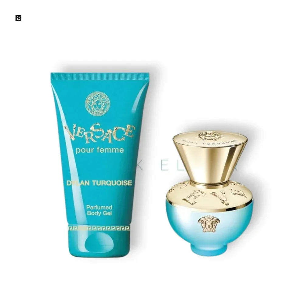 Versace Dylan Turquoise Damenduft Set mit Body Gel und ParfΓΌmflakon auf weiΓem Hintergrund