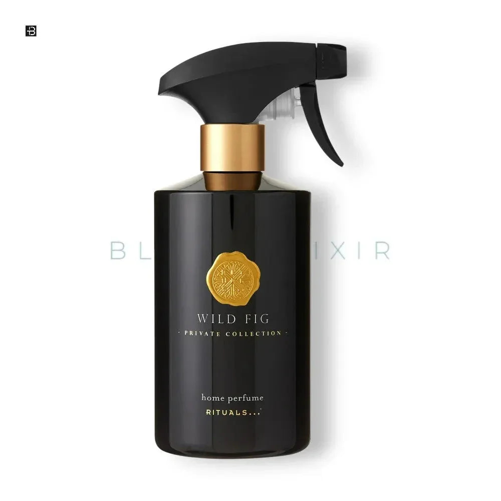 Schwarzes Wild Fig Raumduft Spray Rituals mit goldener Verzierung auf weißem Hintergrund
