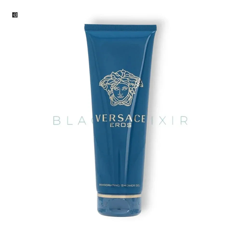 Versace Eros Duschgel in blauer Tube mit goldener Medusenkopf-Grafik, luxuriöse Körperpflege