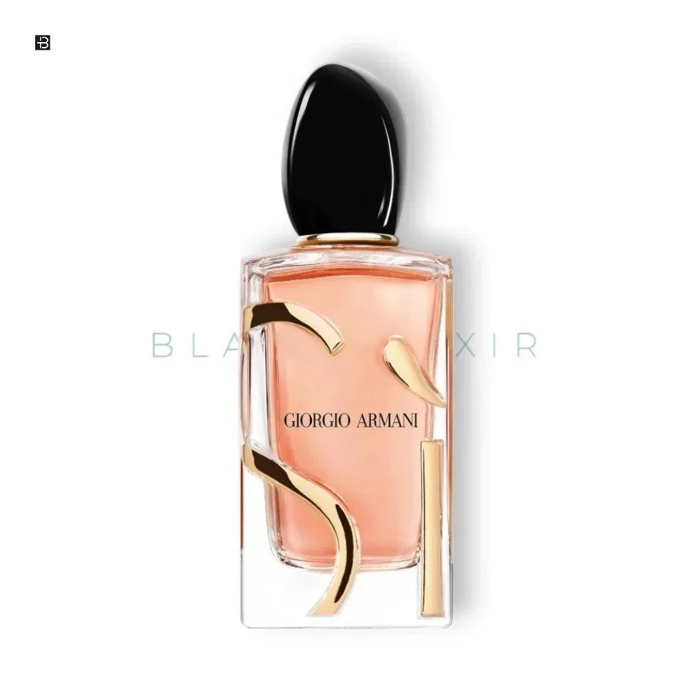 Luxusparfum Flakon mit rosafarbenem Duft und schwarzem Verschluss, Schriftzug Giorgio Armani