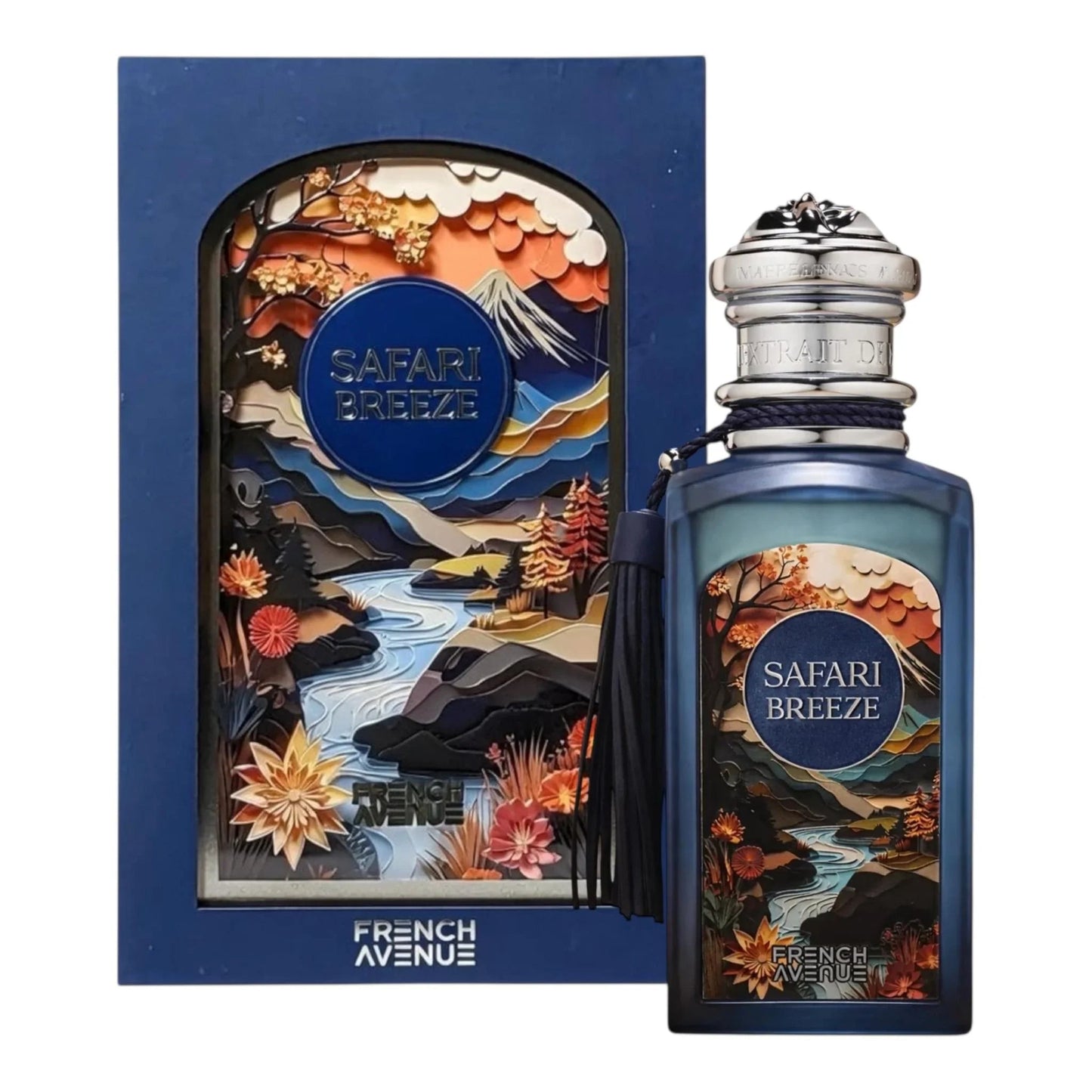Luxusparfum Safari Breeze für Damen und Herren, dekorative Flasche vor bunter Geschenkverpackung mit Naturmotiv.