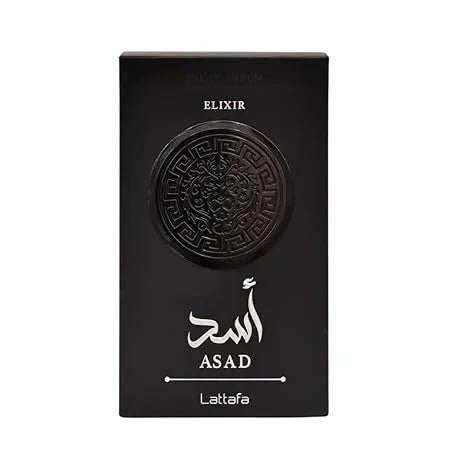 Schwarze Parfumverpackung Asad Elixir, verziert mit orientalischem Muster, Herrenduft