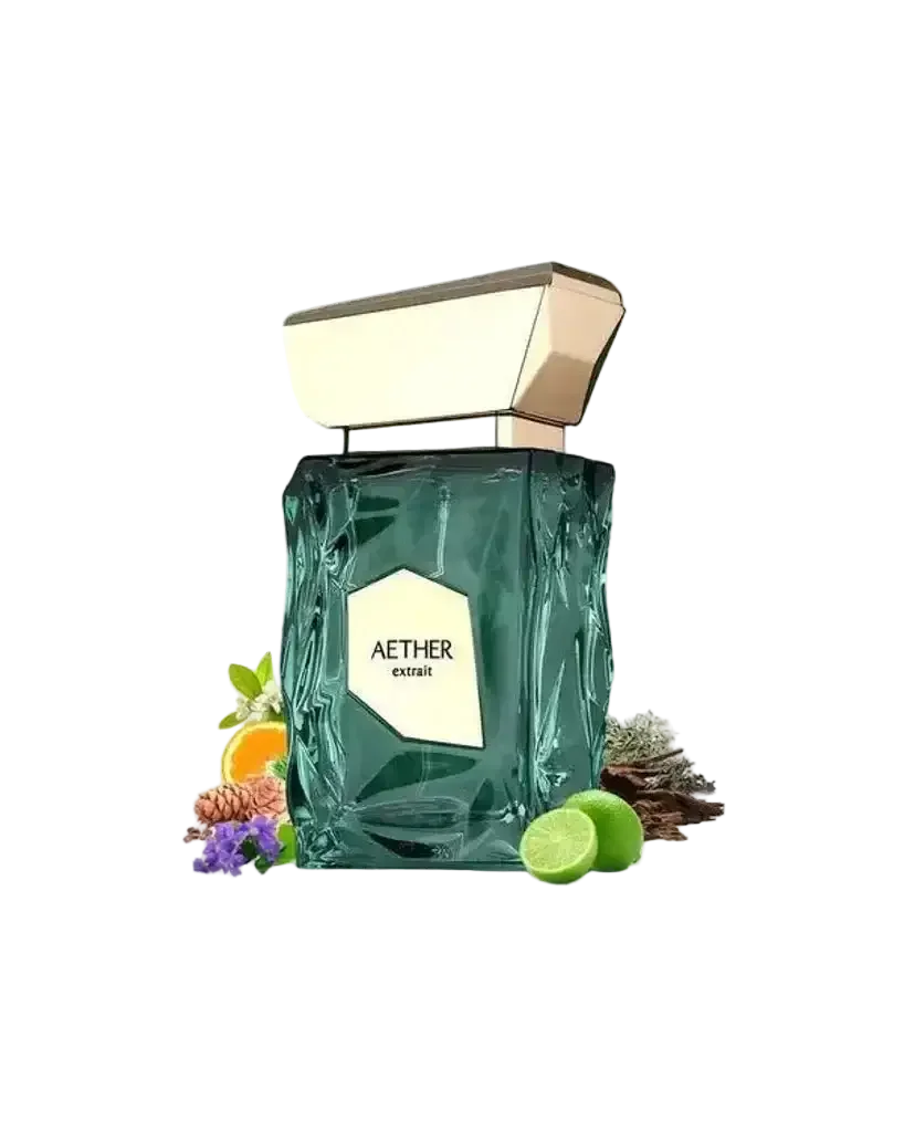 Luxusparfum-Flakon Aether Extrait mit goldener Kappe, frische Limette, Orange, Blüten und Tannenzapfen