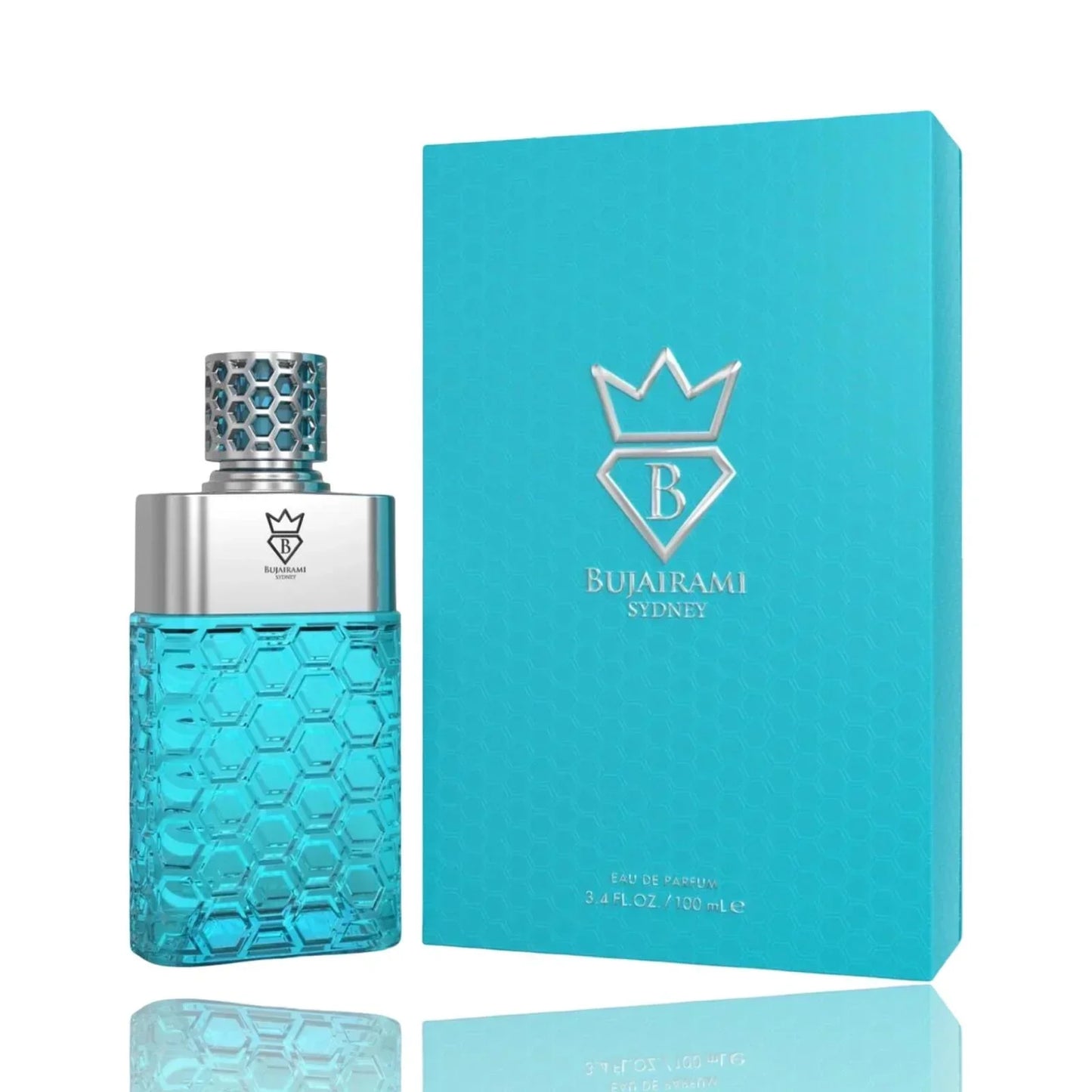 Bujairami Sydney Eau de Parfum in türkisfarbener Flasche mit Bienenwaben-Design und passender Verpackung