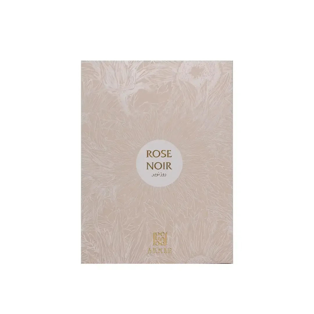 Luxuriöse Parfumverpackung in Beige mit Rosenmuster und Aufschrift Rose Noir
