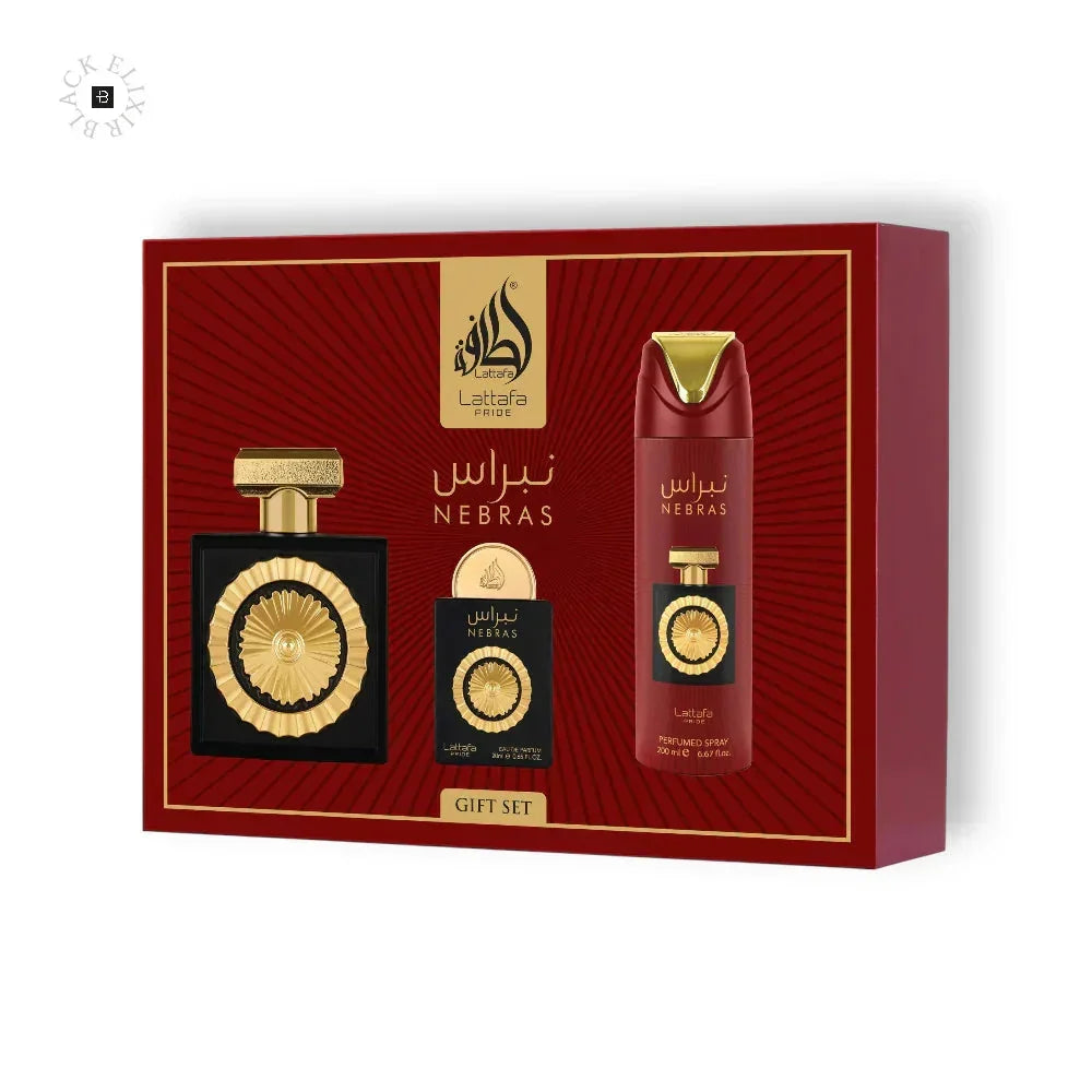 Lattafa Nebras Parfum Geschenkset mit Flakon, Body Spray und Miniatur auf roter Verpackung