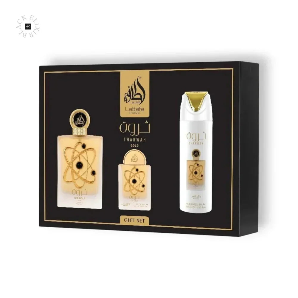 Lattafa Tharwah Gold Parfum Geschenkset mit Eau de Parfum, Miniatur und Deo, luxuriös verpackt