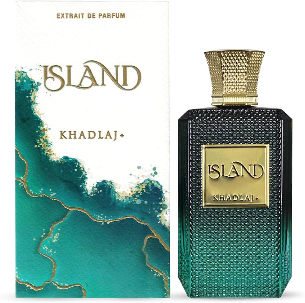 Island Khadlaj Extrait de Parfum Flakon und Verpackung, luxuriöses Parfum in GrĂŒn und Gold