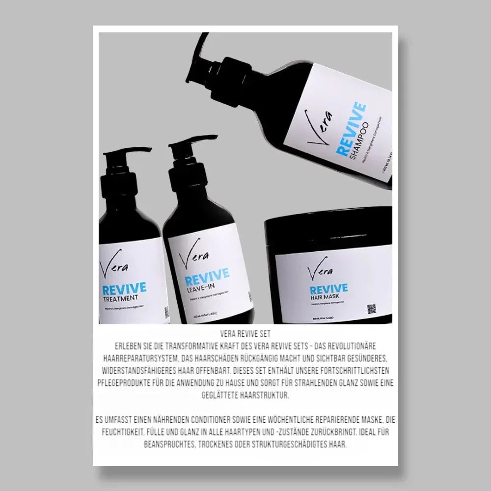 Vera Revive Haarpflege-Set mit Shampoo, Treatment, Leave-In und Haarmaske für geschädigtes Haar.