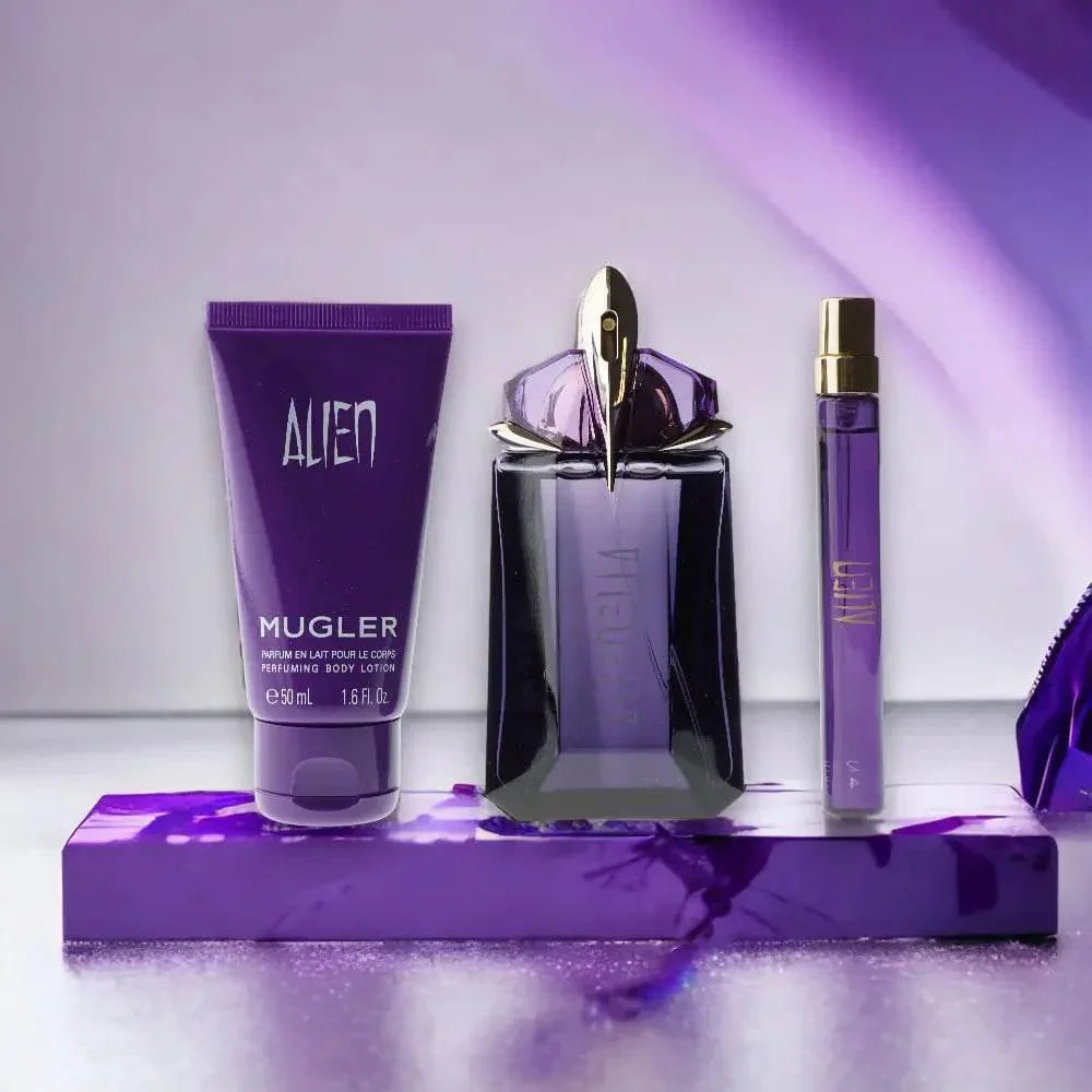 Alien Duftset mit ParfĂŒm, Body Lotion und Spray in lila Verpackung, luxuriöses Damenparfum