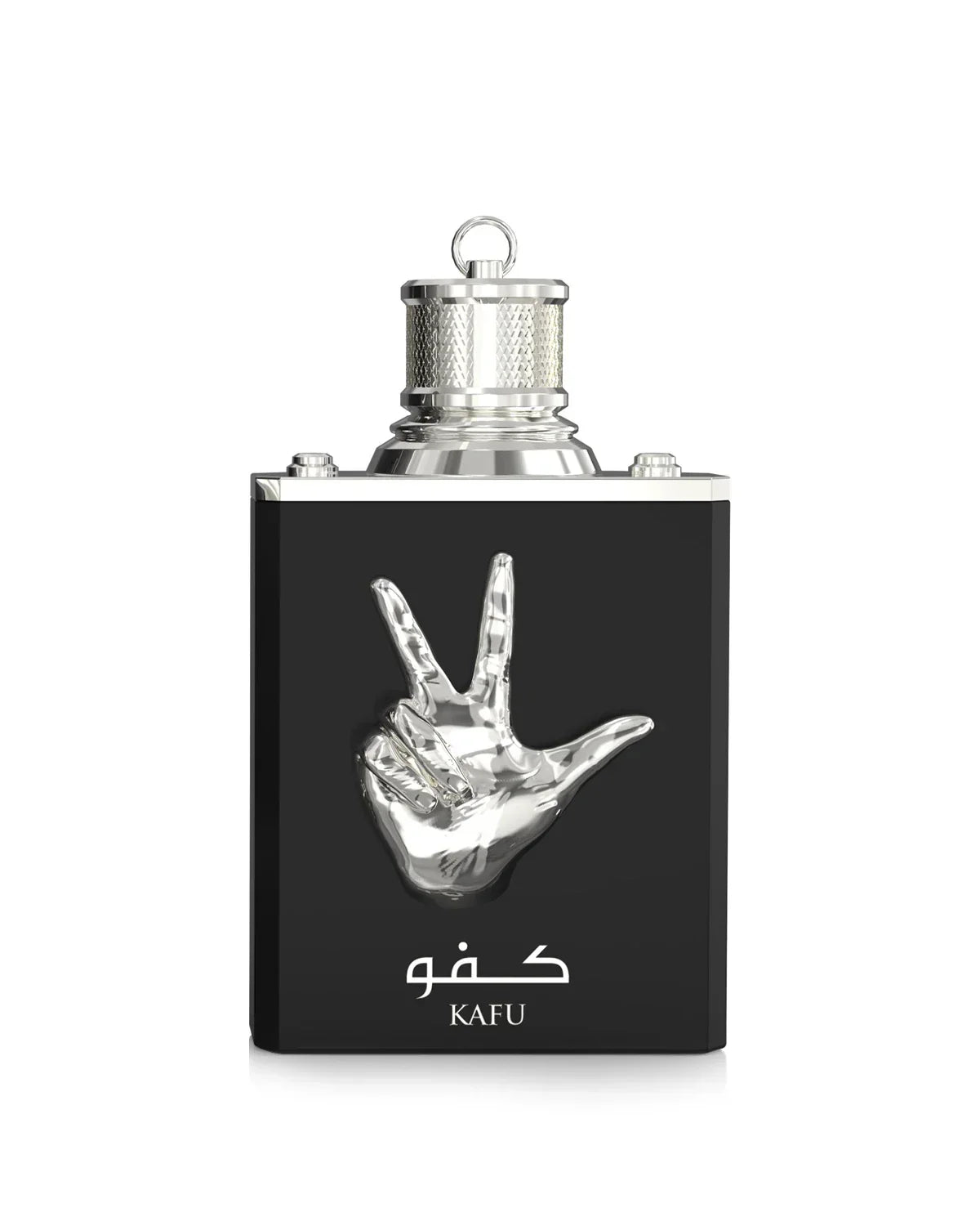 Schwarzer Flakon Amaran Kafu Eau de Parfum 100ml mit silberner Hand-Skulptur und arabischer Schrift.