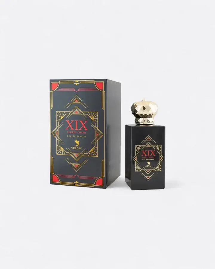 Luxuriöses Eau de Parfum XIX Secret Chant Volare 100ml in schwarzem Flakon mit goldener Kappe und passender Verpackung