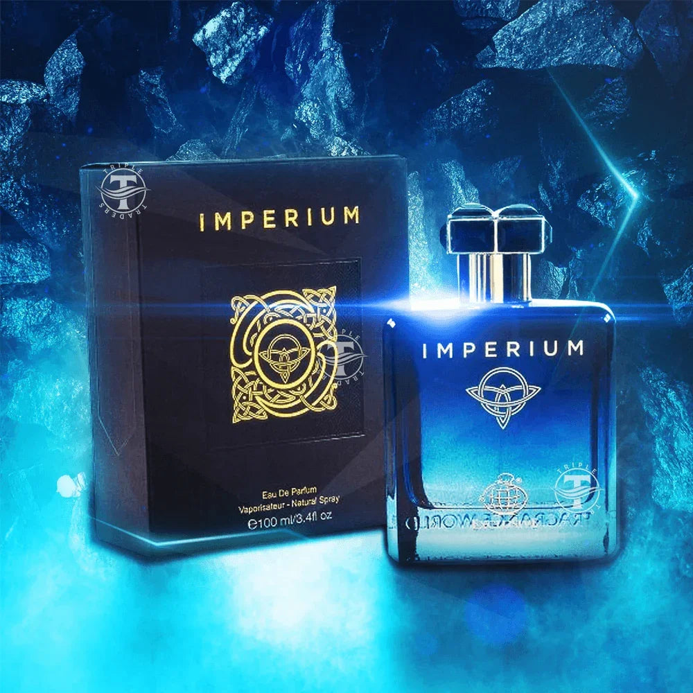 Imperium Eau de Parfum Flakon und Verpackung, luxuriöses Parfum, blauer Hintergrund