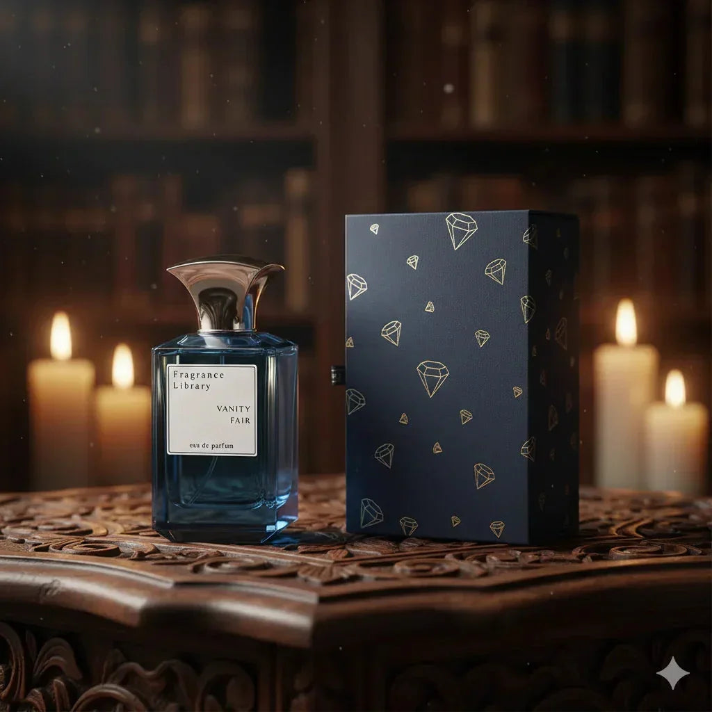 Elegantes Eau de Parfum mit Geschenkbox, luxuriöser Flakon, brennende Kerzen im Hintergrund