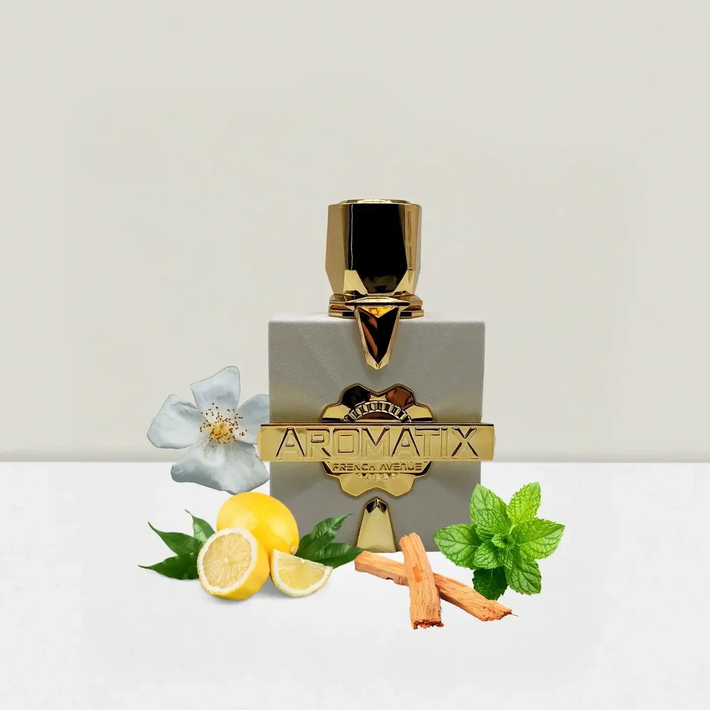 Luxus Parfumflakon mit goldenen Akzenten, Zitrone, Blüte, Minze und Holz auf weißem Hintergrund
