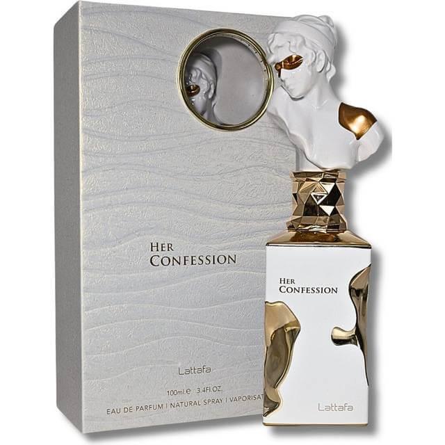 Edles ParfĂŒm Her Confession 100ml mit gold-weiĂer Skulpturflasche vor Verpackung