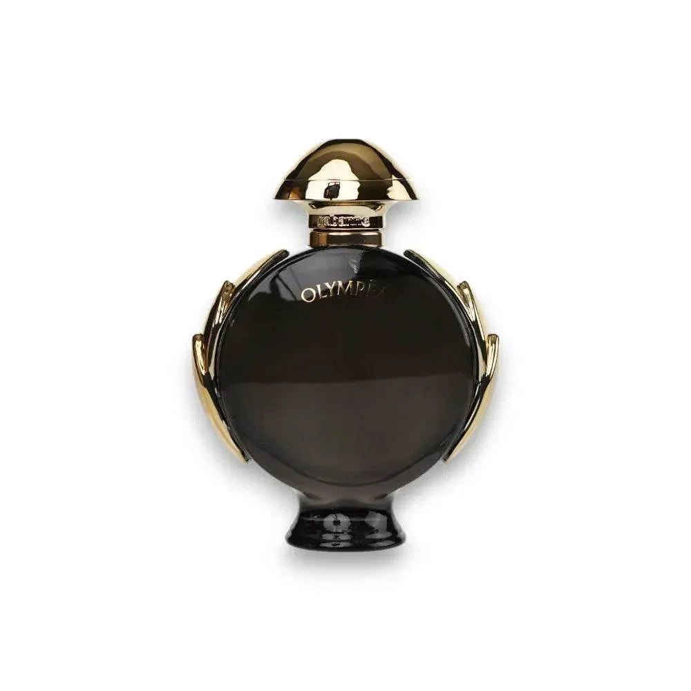 Luxuriöses schwarzes Parfumflakon Olympea mit goldenen Akzenten, Damenparfum