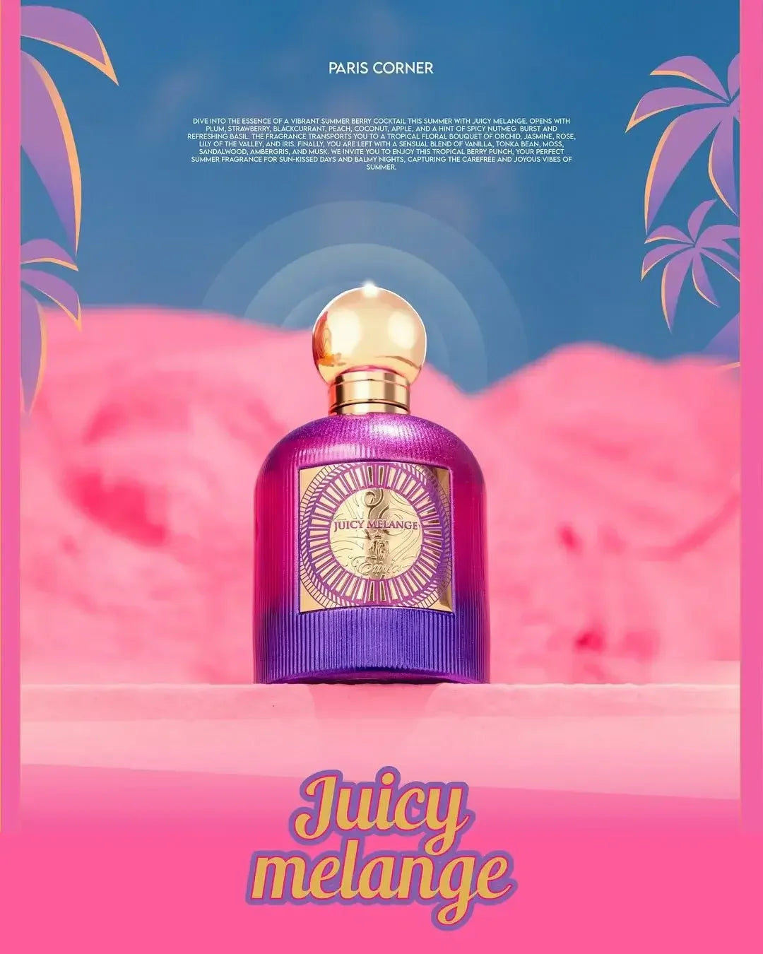 Lila-goldenes Juicy Melange Parfumflakon vor pink-blauem Hintergrund, luxuriöser Duft für Damen und Herren