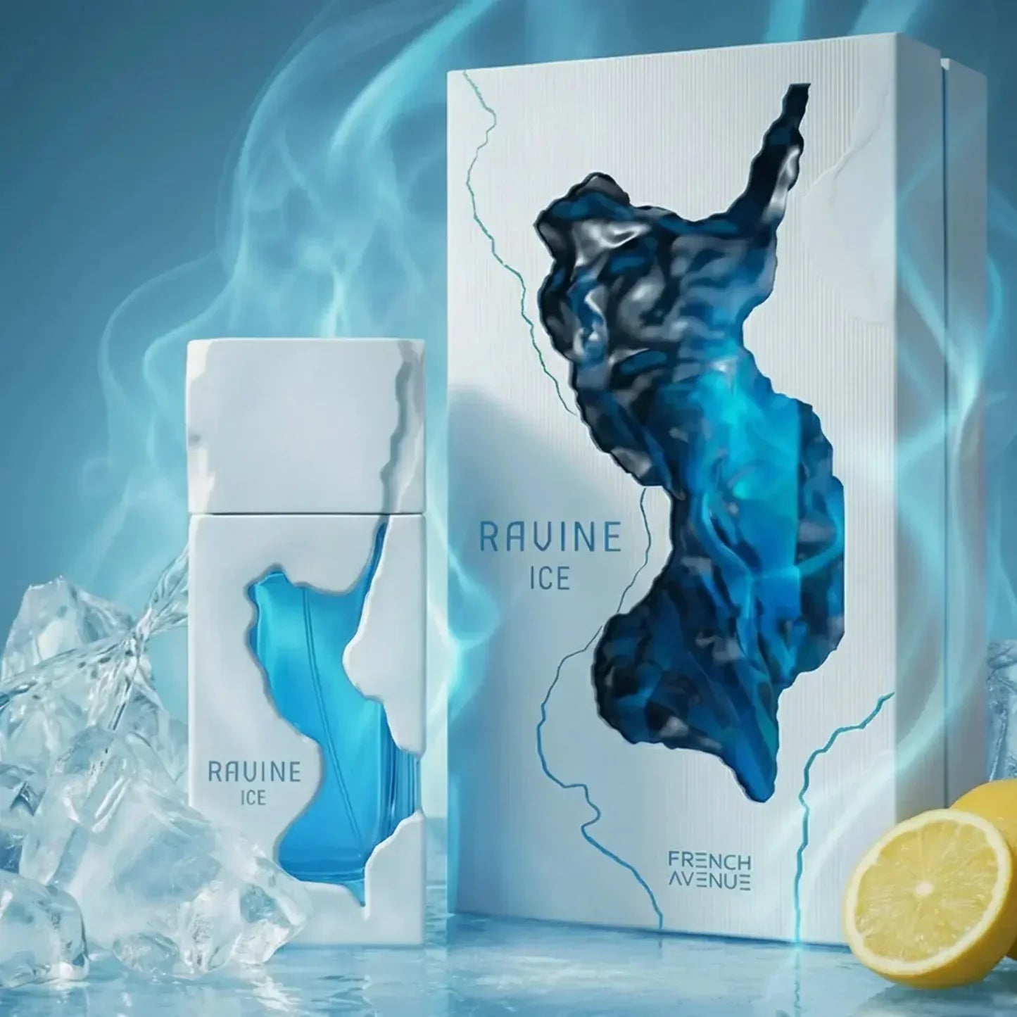 Ravine Ice Parfumflakon und Verpackung mit Eiswürfeln und Zitronenscheibe, frischer Duft