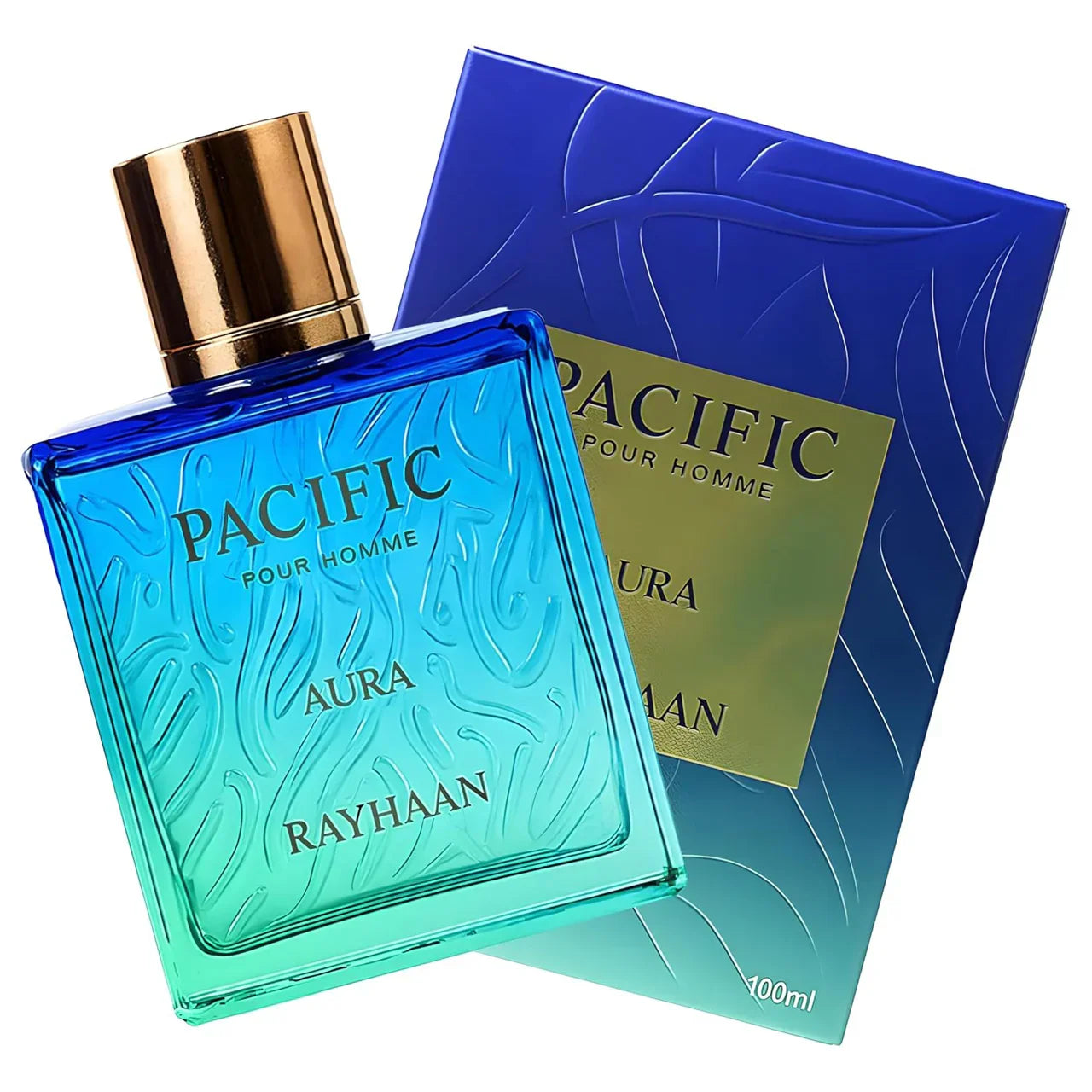 Pacific Aura Rayhaan Herrenduft, türkis-blauer Flakon, luxuriöse Parfümverpackung