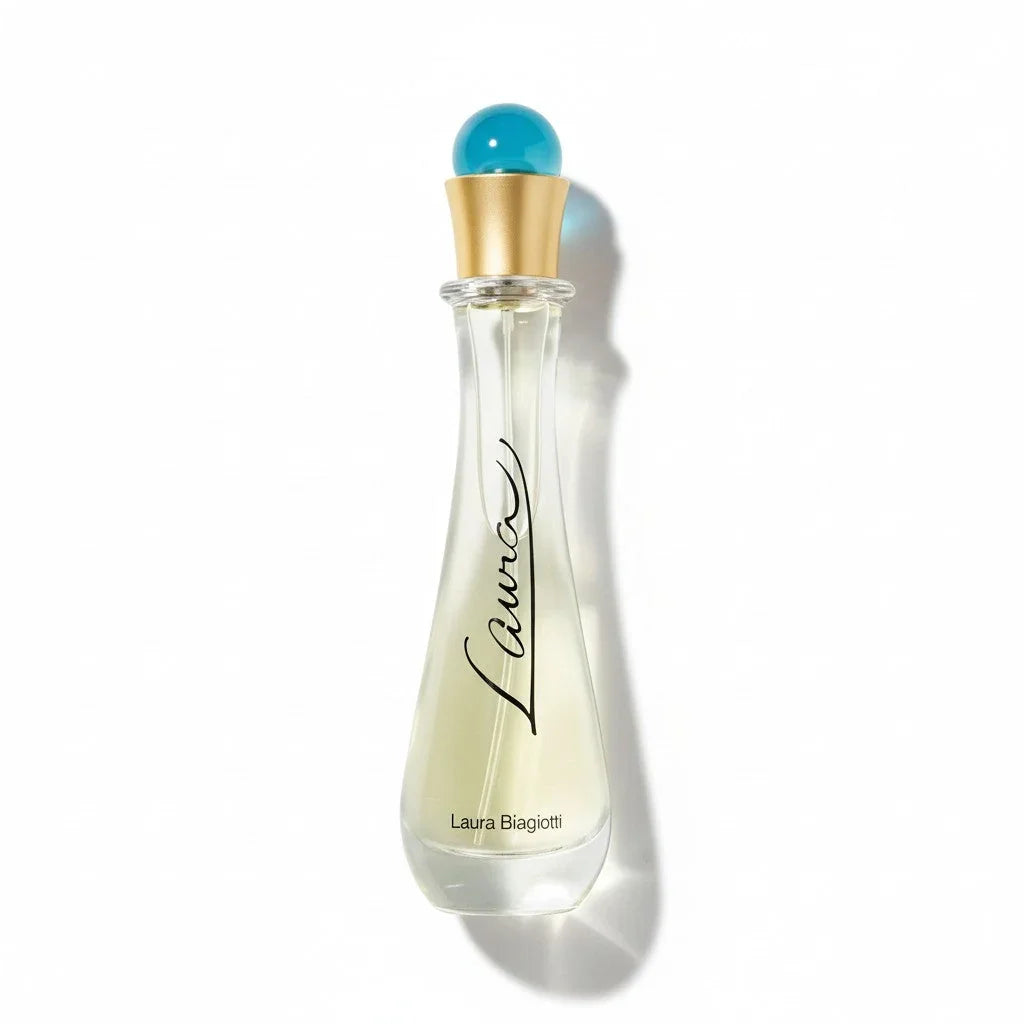 Eleganter Flakon des Damenparfums Laura Biagiotti mit blauem Verschluss auf weißem Hintergrund