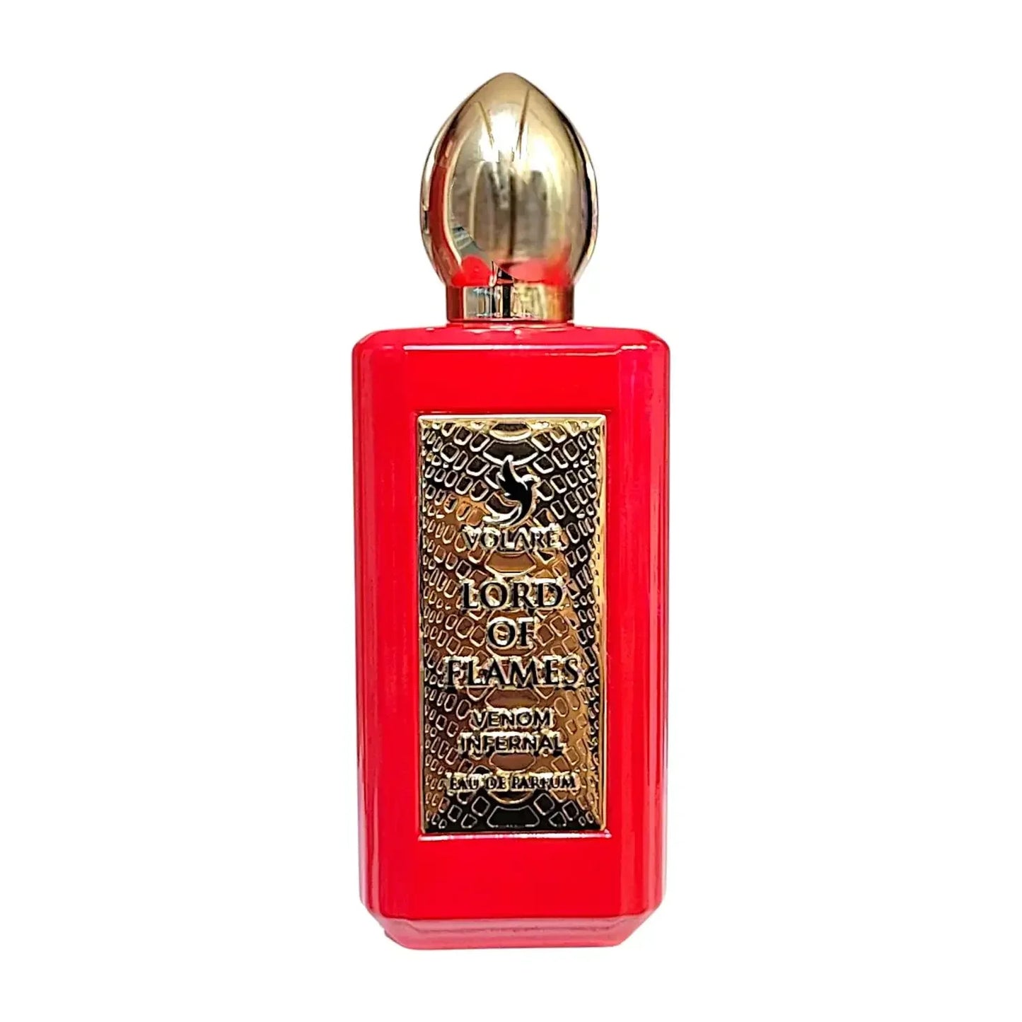 Roter Luxusparfum Flakon mit goldener Kappe und edlem Label, Lord of Flames Duft