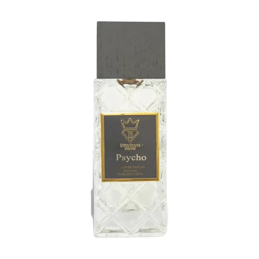 Bujairami Psycho Extrait de Parfum Flakon mit Kristall-Optik auf schwarzem Hintergrund