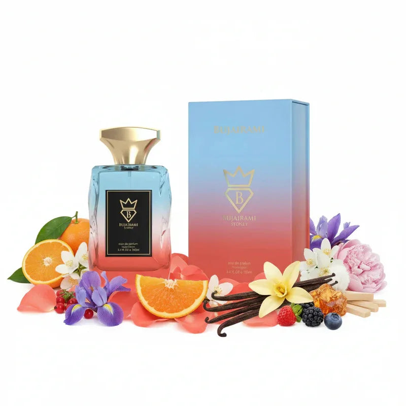 Luxus Parfum Flakon mit blau-rosa Verlauf, Vanilleschoten, Orangen und Blüten – edler Duft für Damen & Herren