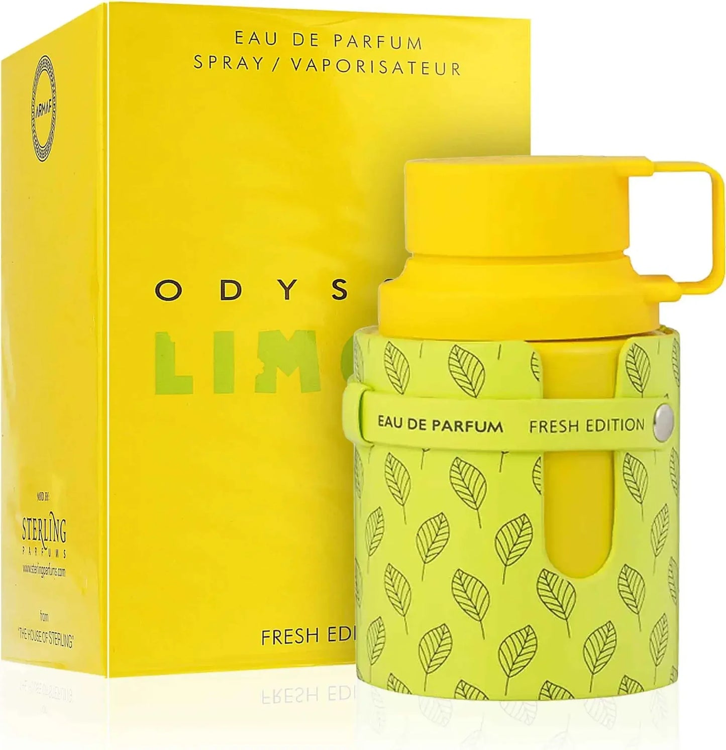 Gelbes Eau de Parfum Odyssee Limone Flakon und Verpackung, frischer Duft, Blattdesign
