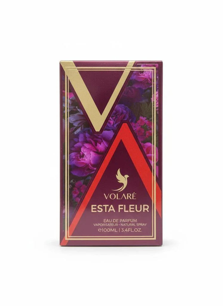 Parfumverpackung Volaré Esta Fleur, lila Design mit Blumen und goldener Verzierung, Eau de Parfum, 100ml