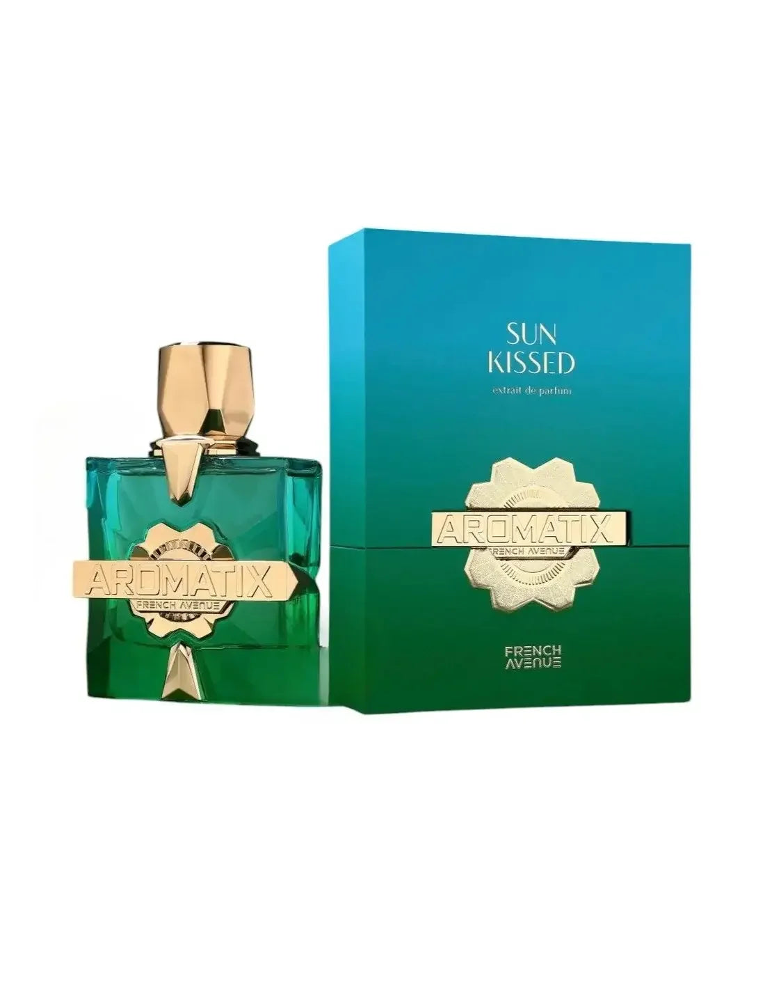 Aromatix Sun Kissed Unisex Parfum 100 ml mit goldener Verzierung vor türkisfarbener Box