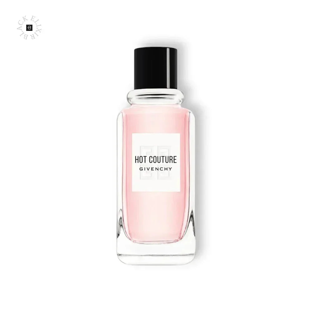 Eleganter Flakon mit rosa Eau de Toilette, Hot Couture Duft, schwarze Verschlusskappe