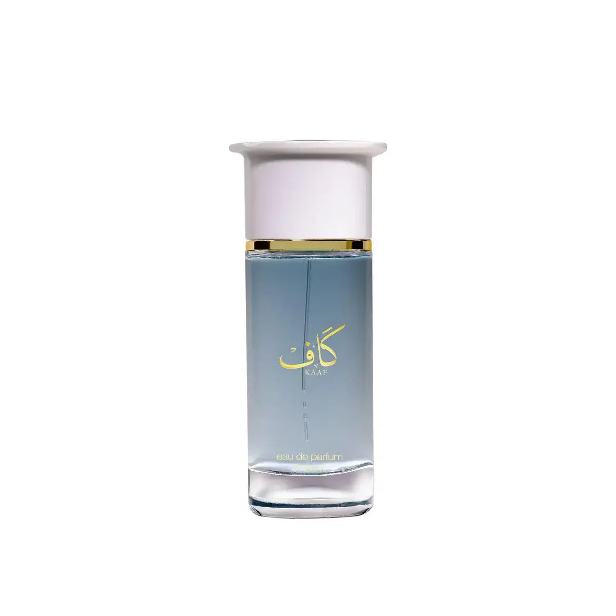 Luxuriöses Parfümflakon mit blauem Eau de Parfum, goldene Schrift und weißer Verschluss