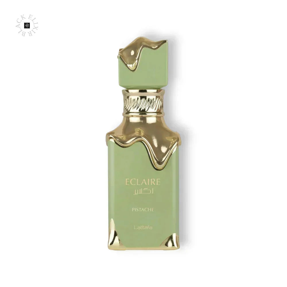Grüne Eau de Parfum Flasche mit goldenen Akzenten, Aufschrift Eclaire Pistache.