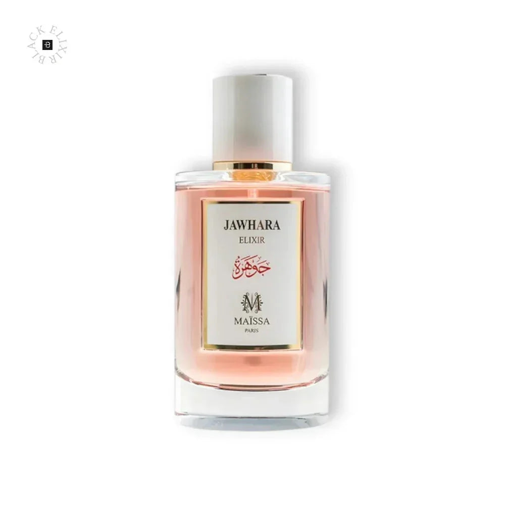 Maissa Jawhara Elixir Eau de Parfum Flakon mit rosafarbenem Duft auf weiĂem Hintergrund