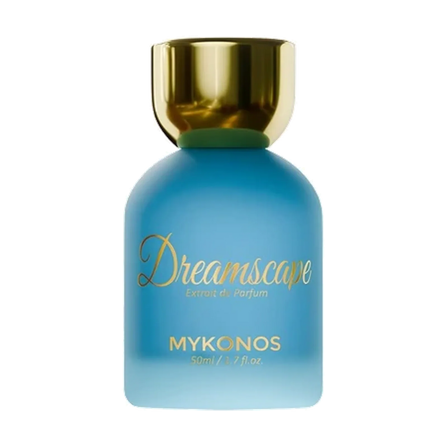 Mykonos Dreamscape Extrait de Parfum, 50ml Flakon in Hellblau mit goldenem Verschluss
