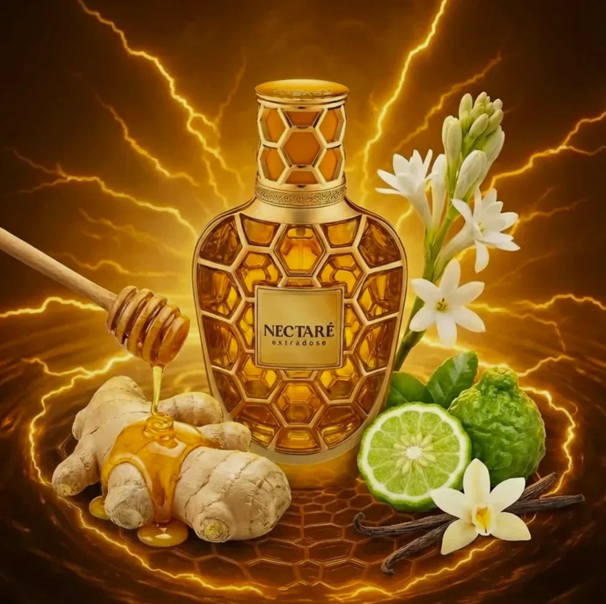 Luxus Unisex Parfumflakon mit Honig, Ingwer, Limette, weißen Blüten und Vanilleschote