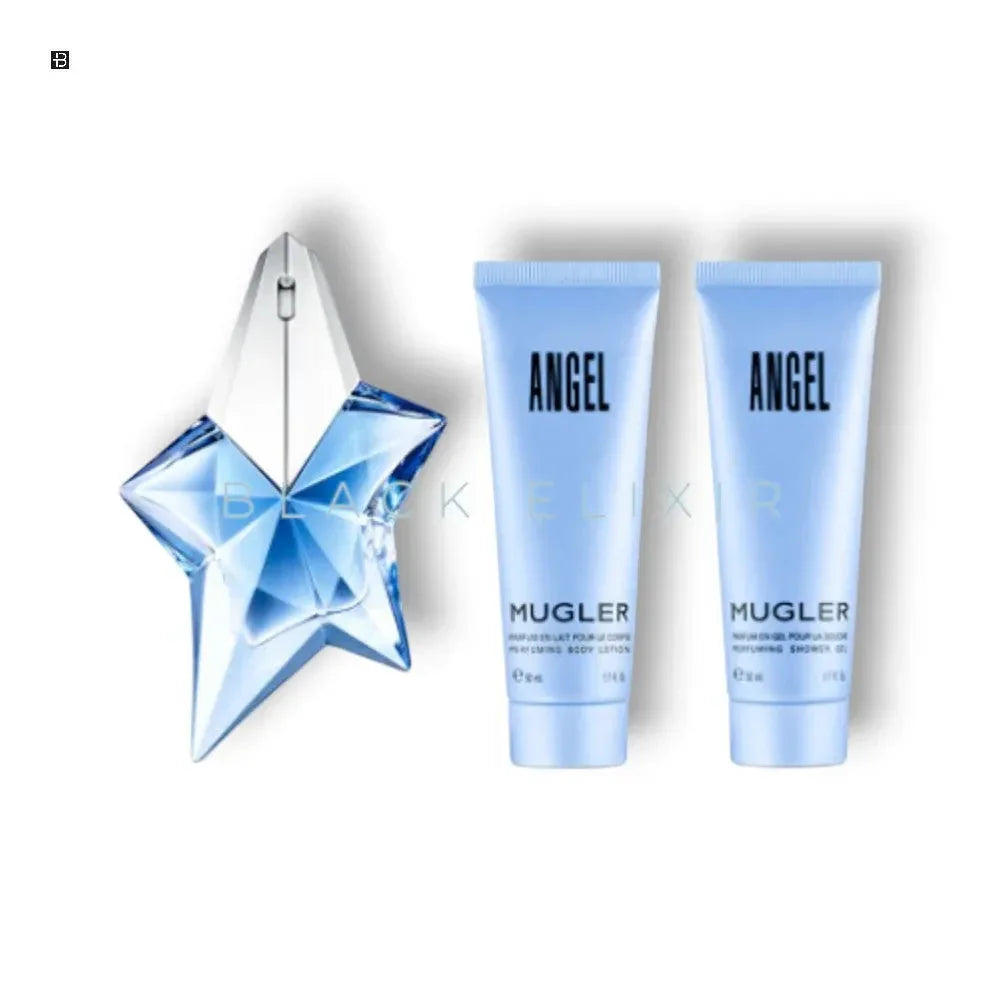 Angel Parfum und Body Lotion Set von Mugler mit Sternflakon, auf weiĂem Hintergrund