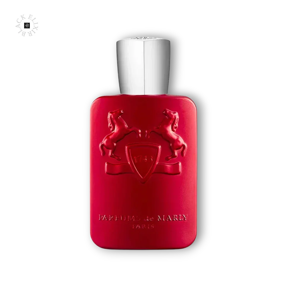 Roter Parfumflakon mit silberner Kappe, luxuriöses Design und Pferdemotiv auf schwarzem Hintergrund.