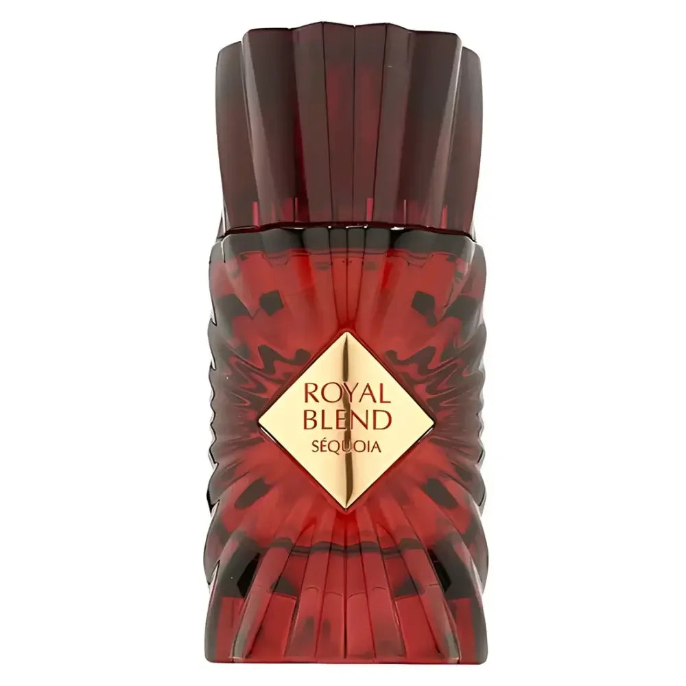 Luxusparfum in rotem, elegantem Flakon mit goldener Etikettbeschriftung Royal Blend Sequoia