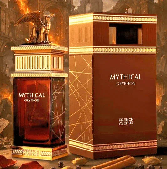 Luxusparfum Mythical Gryphon mit goldener Greif-Figur und eleganter Geschenkbox.