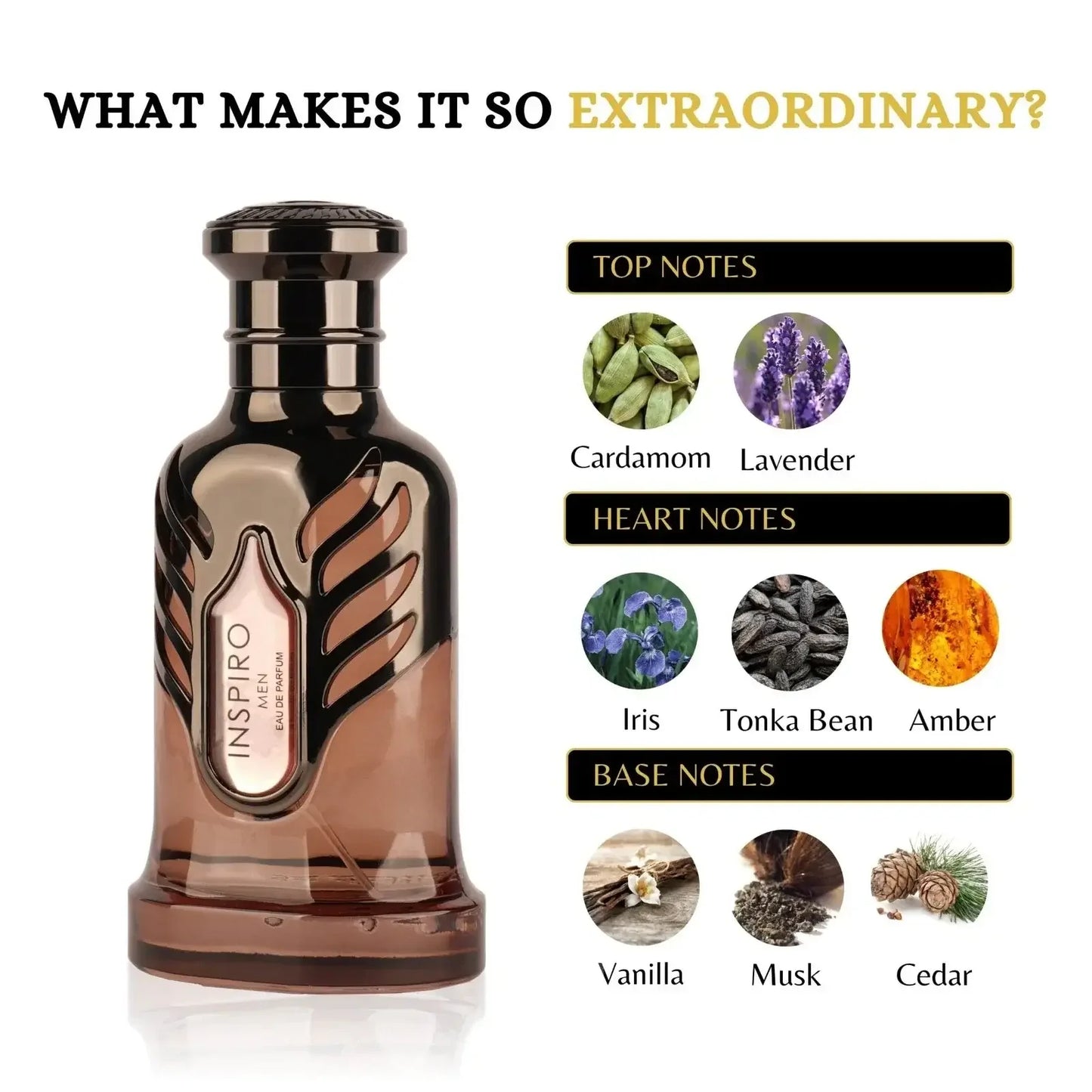 Braune Parfumflasche mit Flügel-Design, Duftnoten Kardamom, Lavendel, Iris, Tonkabohne, Amber, Vanille, Moschus, Zeder.