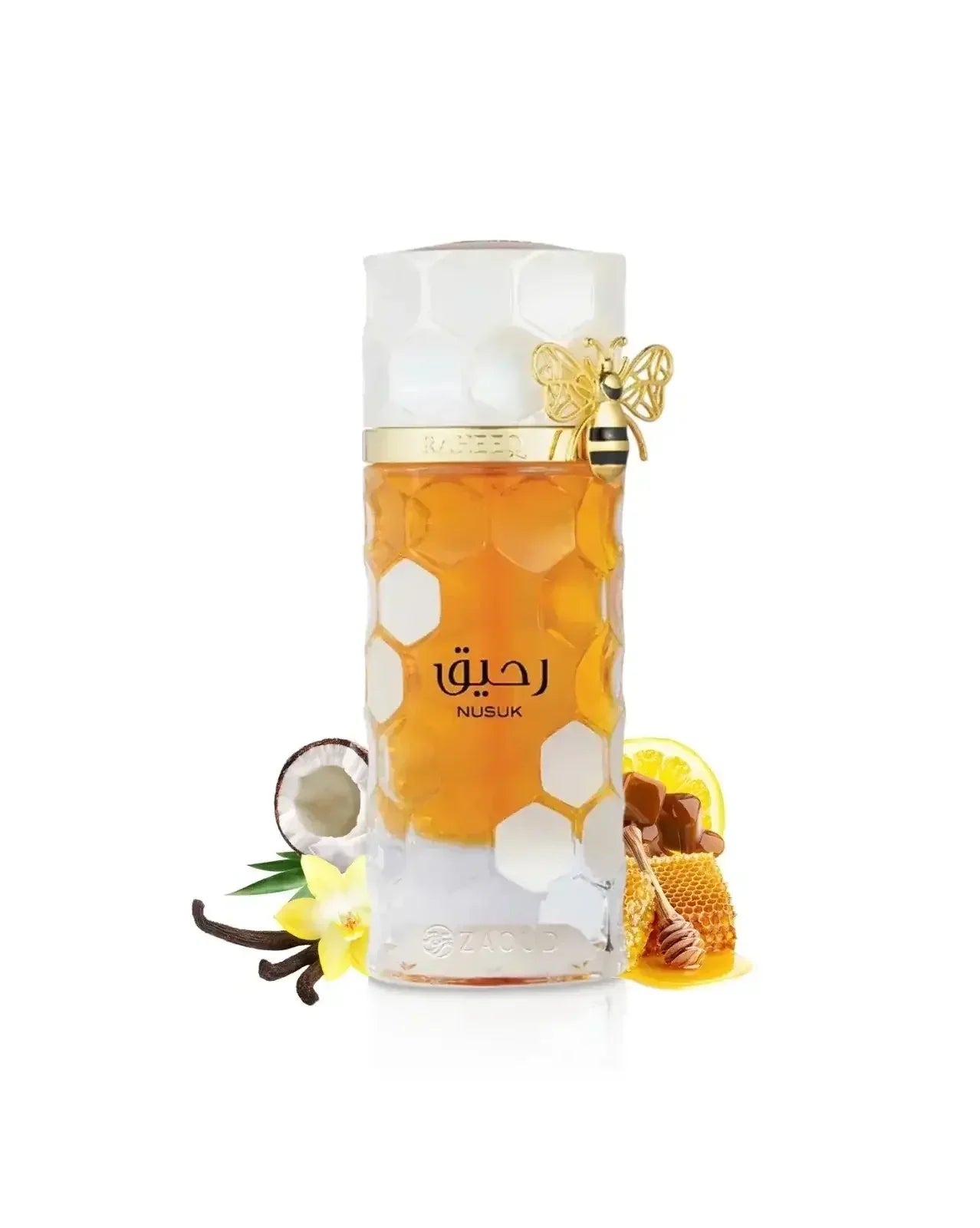 Luxusparfumflakon mit Honigwabe, Goldbiene, Vanille, Kokos, Zitrone und Honigdekor