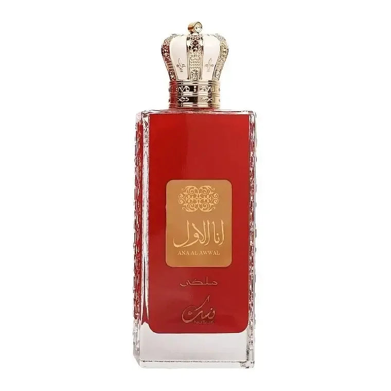 Luxus Parfumflakon in Rot mit goldener Krone und arabischer Aufschrift fĂŒr Damen, Herren, Unisex