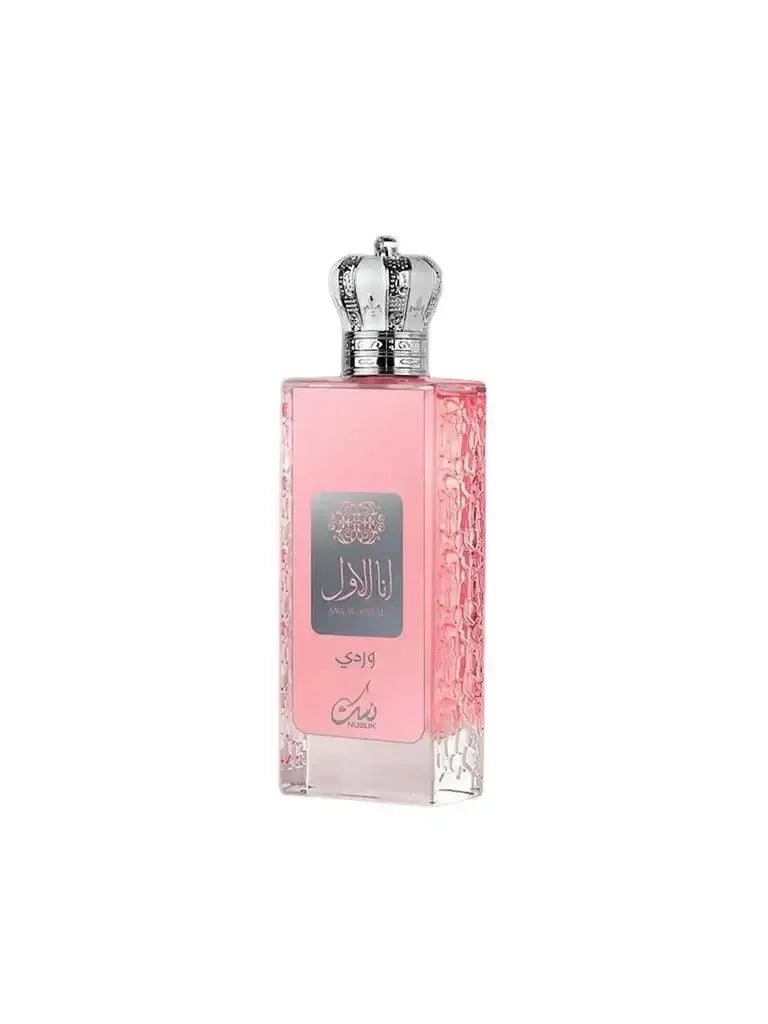 Luxus Parfumflakon mit rosa Duft, kronenförmiger Verschluss, elegantes Design