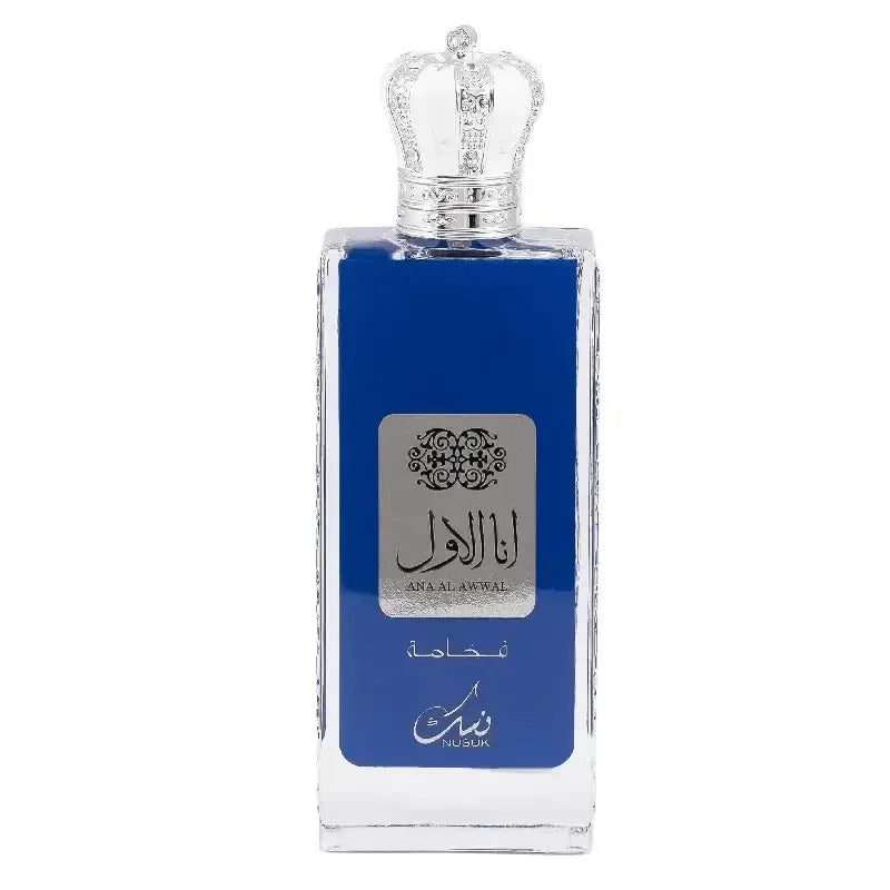 Luxusparfumflakon mit silberner Krone, rechteckig, blaues Etikett, elegantes Design